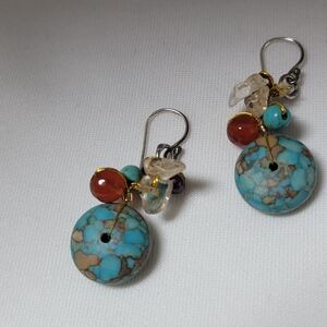 Vintage Sterling Silver 925 Turquoise Gem Stones Dangle Earrings
